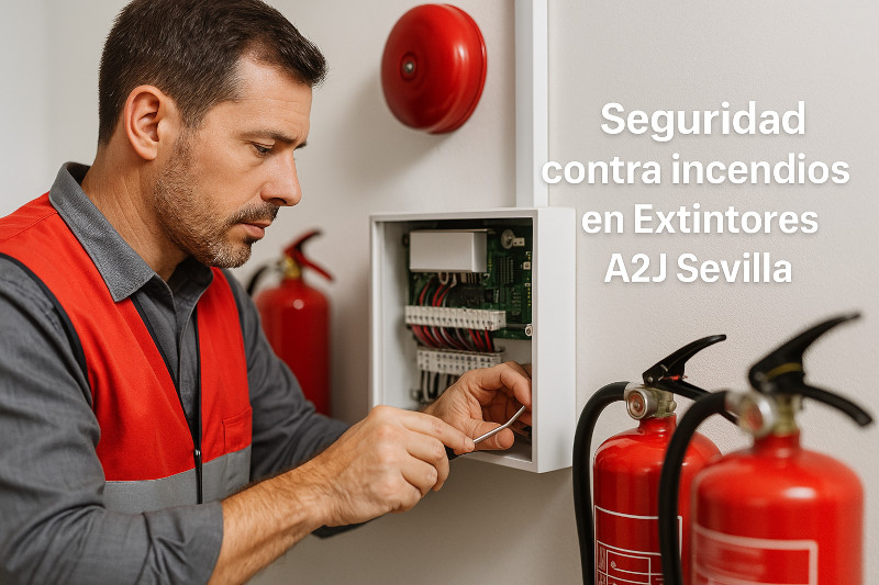 Técnico de mantenimiento con chaleco de seguridad rojo revisando un sistema de seguridad contra incendios. Donde La imagen enfoca claramente sus manos mientras ajusta los elementos principales. Al fondo, que ven otros elementos desenfocados que sugieren un entorno profesional. A la derecha que aparece un texto en español en letras blancas: “Seguridad contra incendios en Extintores en Sevilla A2J”.