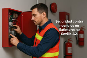 Técnico de mantenimiento con chaleco de seguridad rojo revisando un sistema de seguridad contra incendios. Donde La imagen enfoca claramente sus manos mientras ajusta los elementos principales. Al fondo, que ven otros elementos desenfocados que sugieren un entorno profesional. A la derecha que aparece un texto en español en letras blancas: “Seguridad contra incendios en Extintores en Sevilla A2J”.