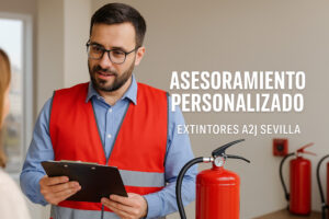Técnico de mantenimiento con chaleco de seguridad rojo revisando un sistema de seguridad contra incendios. Donde La imagen enfoca claramente sus manos mientras ajusta los elementos principales. Al fondo, que se otros elementos desenfocados que sugieren un entorno profesional. A la derecha que aparece un texto en español en letras blancas: “Asesoramiento personalizado Extintores en Sevilla A2J”.