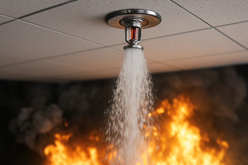 Imagen de un sistema contra incendios de unos dispersores de agua desde un techo apagando un incendio. Donde La imagen enfoca claramente los dispersores. En la parte de abajo, que se ven otros elementos desenfocados de un incendio.