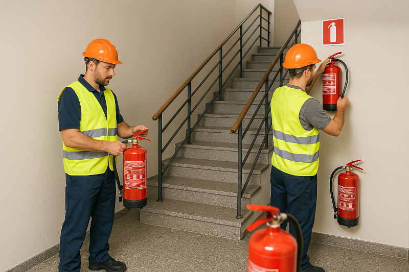 Imagen sobre extintores en comunidad de vecinos donde se ven unos operarios instalando extintores y al fondo las escaleras del edificio